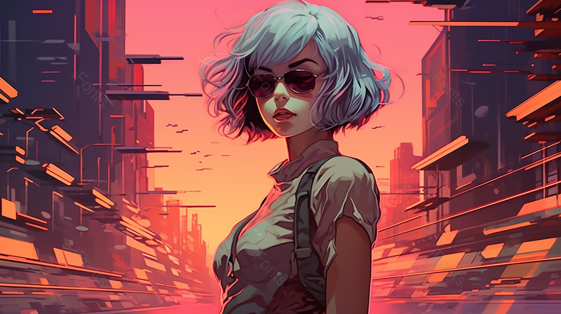 赛博朋克少女数字艺术粉橙超感,插画/手绘图,插画/手绘图库,插画/手绘图下载,插画/手绘